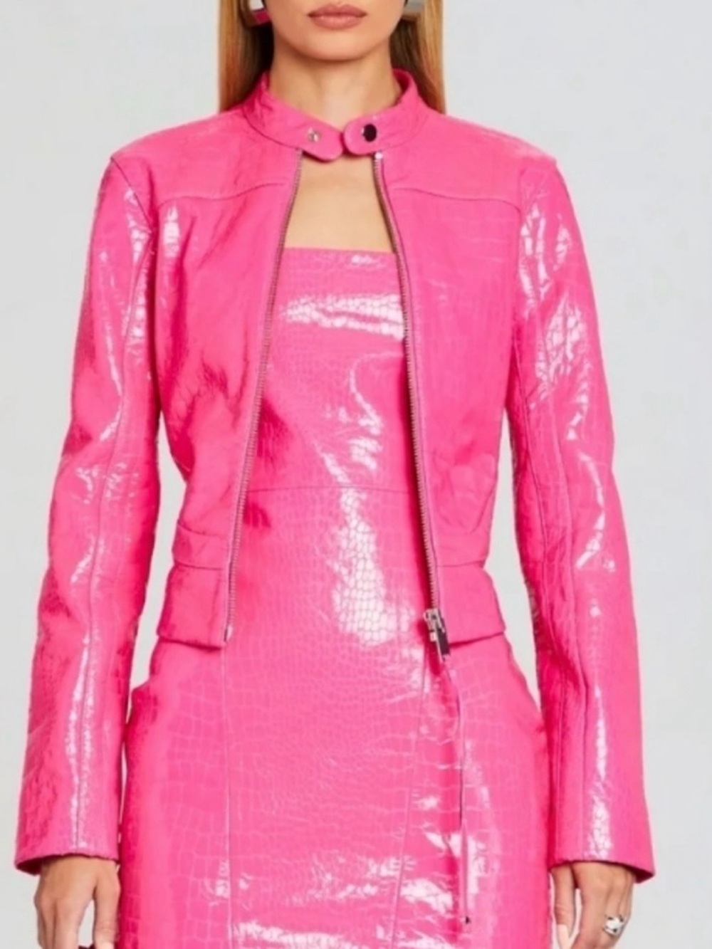 Retrofete Brynn Jacket Paradise Hot Pink Faux Croc Shine Moto Jacket Size Large